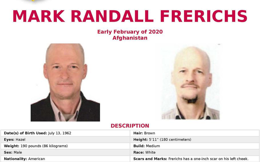 An FBI poster offering a reward for information about Mark Randall Frerichs, who was kidnapped in Afghanistan earlier this year.