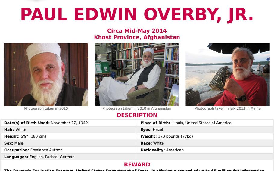 An FBI poster offering a reward for information about Paul Edwin Overby Jr., who was kidnapped in Afghanistan in 2014.