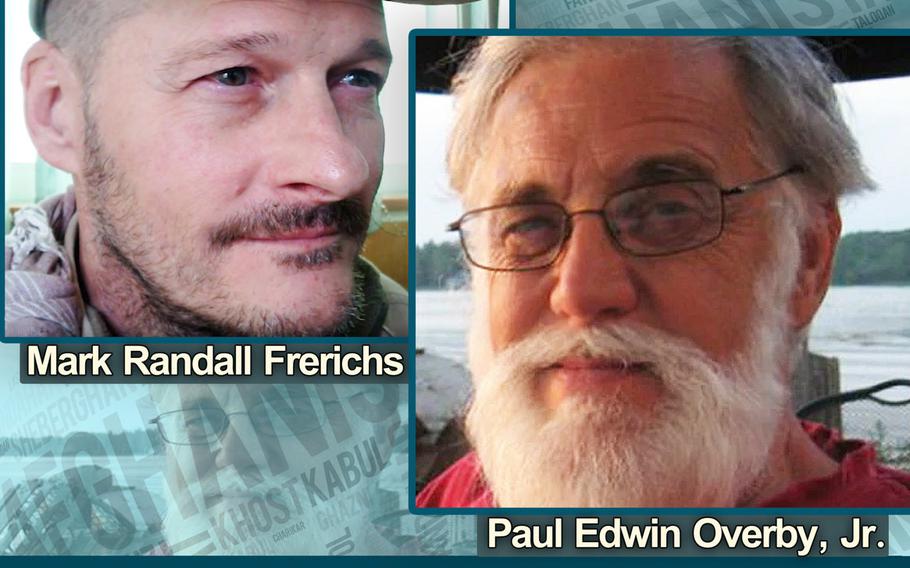 A Justice Department poster offering a reward for information on Mark Randall Frerichs and Paul Edwin Overby Jr. who were kidnapped in Afghanistan in 2020 and 2014.