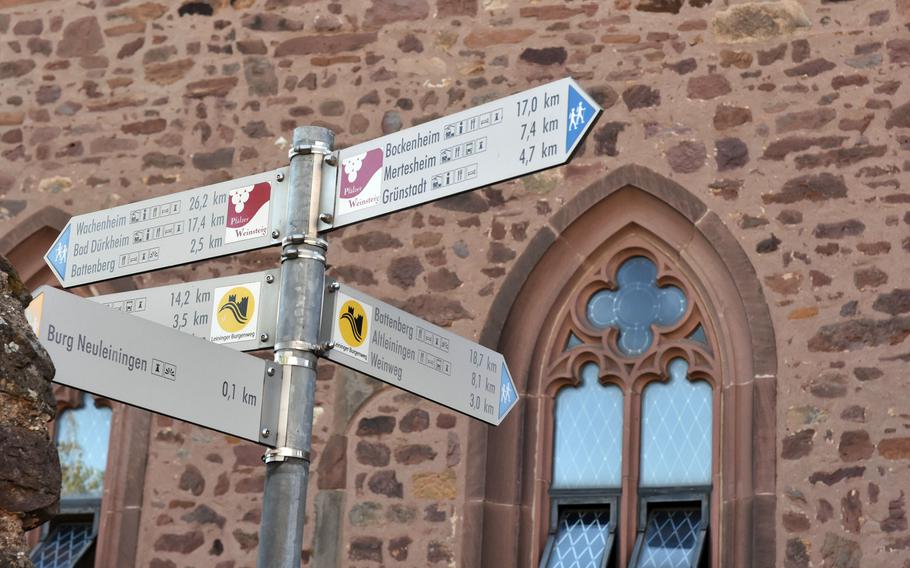 A sign in the village of Neuleiningen, Germany, points the way to Battenberg, the next village along the second stage of the Pfalz Wine Trail. The second leg of the 105-mile route ends in Bad Duerkheim.