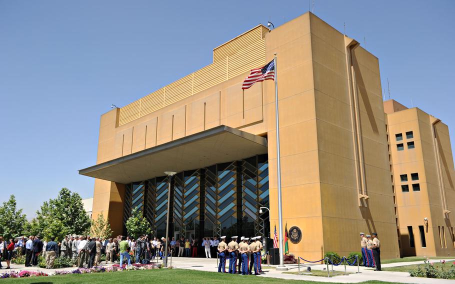 The U.S. Embassy in Kabul, Afghanistan. Current and former officials described an array of obstacles that a shrinking cadre of civilians in the bunkered U.S. Embassy must navigate, with the COVID-19 pandemic and the specter of a possible diplomatic evacuation compounding the significant difficulties inherent to working in Afghanistan.