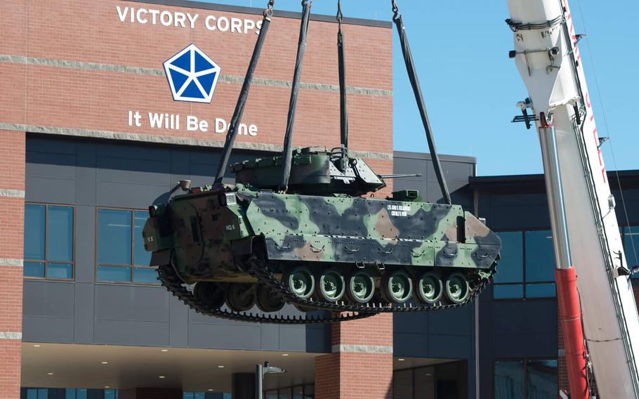 A Bradley Fighting Vehicle is set up in front of the V Corps headquarters at Fort Knox, Ky., Oct. 14, 2020.  V Corps officially activated Oct. 16, but it is still not clear when it will send troops to its forward headquarters in Poznan, Poland.