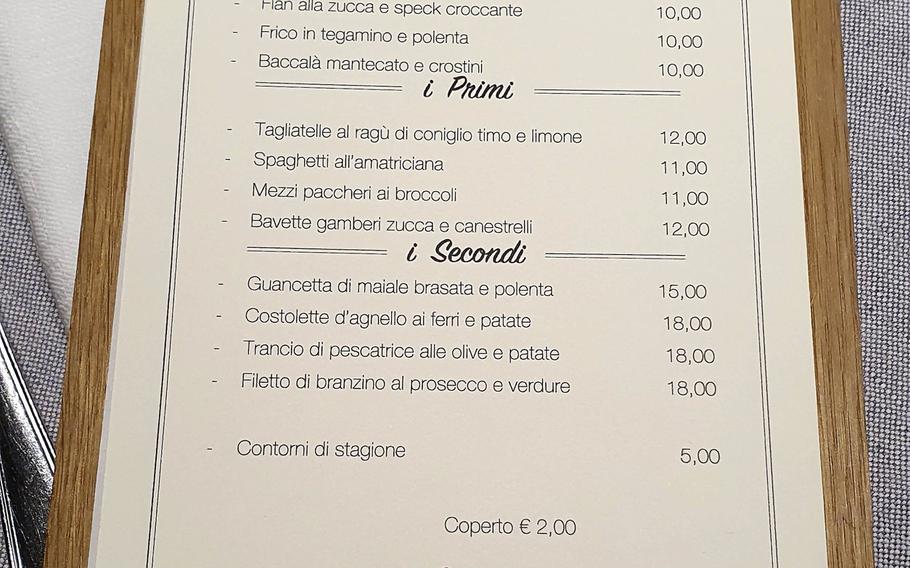 The menu at Bar Trattoria Cavour in Sacile, Italy, changes regularly but always includes classic italian and Friulian entrees.