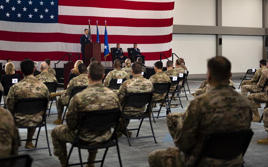 Lt. Col. Nicholas Morgans, commander of the 38th Rescue Squadron, speaks to attendees during a ceremony at Moody Air Force Base, Ga., on Oct. 29, 2020. During the ceremony, Staff Sgt. Nicholas Brunetto, a pararescueman with the squadron, received a Silver Star Medal for his actions in Afghanistan.