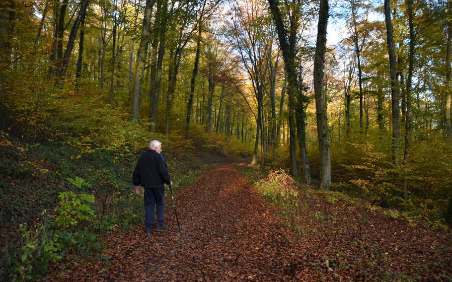 Edgar Becker, 85, walks through a wooded part of the Alter Grenzweg hiking trail on Oct. 30, 2020. The lightly trafficked trail crisscrosses in and out of France from its starting point in Berus, Germany.