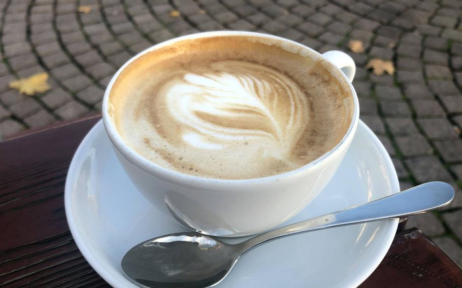 A cappuccino at Vinocentral in Darmstadt, Germany. The wine bar/delicatessen across from the city's main train station got its start 25 years ago as coffee bar, where you could enjoy an espresso or cappuccino, then select from a variety of roasts to drink at home.