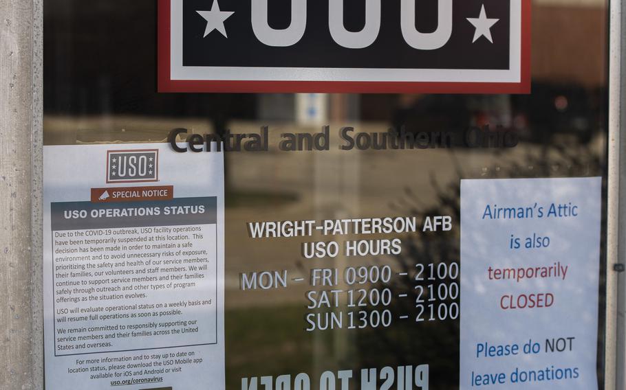 Signs alert customers of the USO and Airman’s Attic closure due to COVID-19 at Wright-Patterson Air Force Base, Ohio, March 25, 2020. In an effort to reduce the spread of COVID-19 during the pandemic, these offices were closed until reopening again can be done safely.