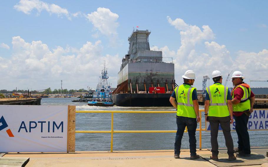A Navy vessel called the Surface Ship Support Barge, used to refuel nuclear-powered ships and dismantle spent fuel units, arrived in Mobile on June 1, 2021. It will be scrapped in a three-year process.