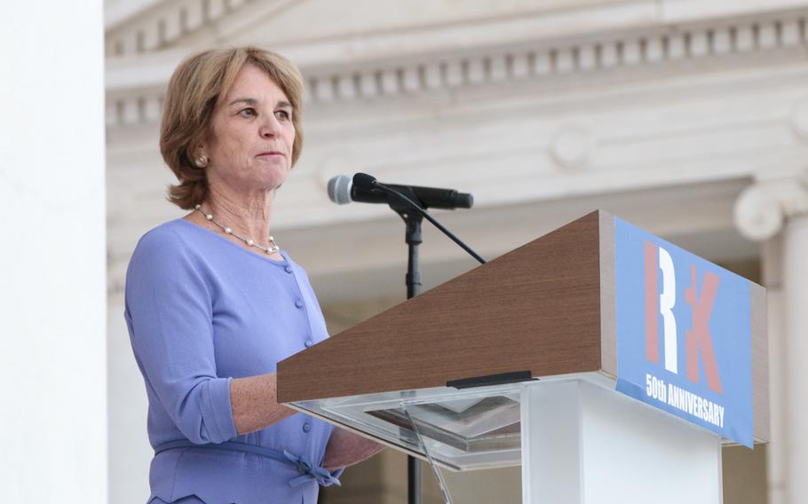 Kathleen Kennedy Townsend, daughter of Robert F. Kennedy, speaks Wednesday, June 6, 2018, at Arlington National Cemetery during a ceremony honoring her father on the 50th anniversary of his death. 