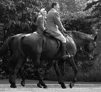 President Ronald Reagan and Queen Elizabeth II, out for a ride at Windsor Castle in 1982.