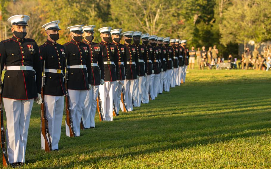 U.S. Marines from the Marine Corps Silent Drill Platoon perform at The Basic School on Marine Corps Base Quantico, Va., Oct. 2, 2020. 