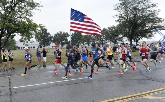 Runners participate in the 2019 Air Force Marathon at Wright-Patterson Air Force Base, Ohio, Sept. 21, 2019. More than 12,700 runners and 2,600 volunteers from all 50 states and 15 different countries came out to run in the races 23rd year.