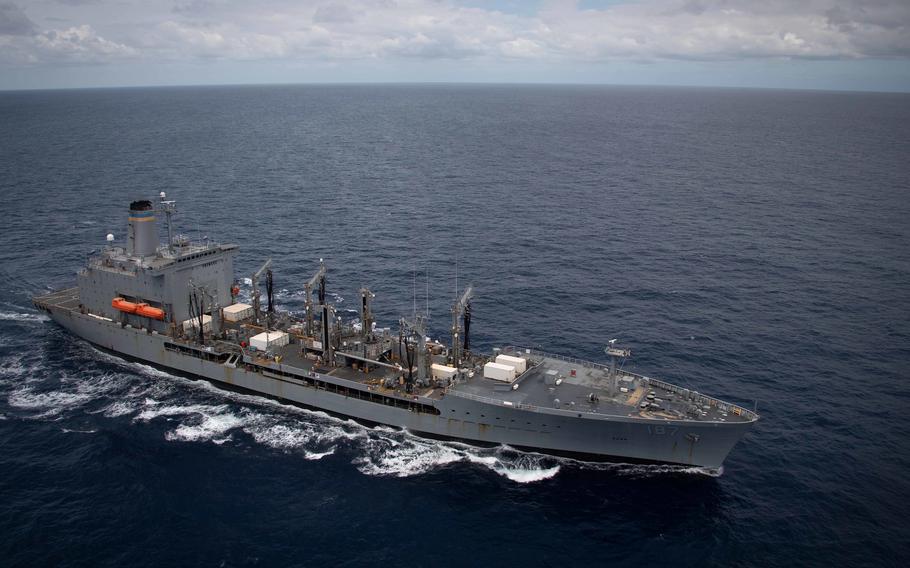 U.S. Navy fleet replenishment ship USNS Henry J. Kaiser steams in a multinational formation during a photo exercise off the coast of Hawaii during the Rim of the Pacific exercise on Aug. 21, 2020. 