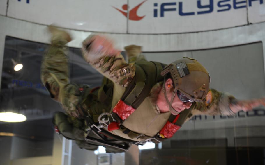 A combat controller assigned to the 22nd Special Tactics Squadron at Joint Base Lewis-McChord, Wash., practices free fall techniques in the iFly wind tunnel in Seattle on Wednesday, March 25, 2015.