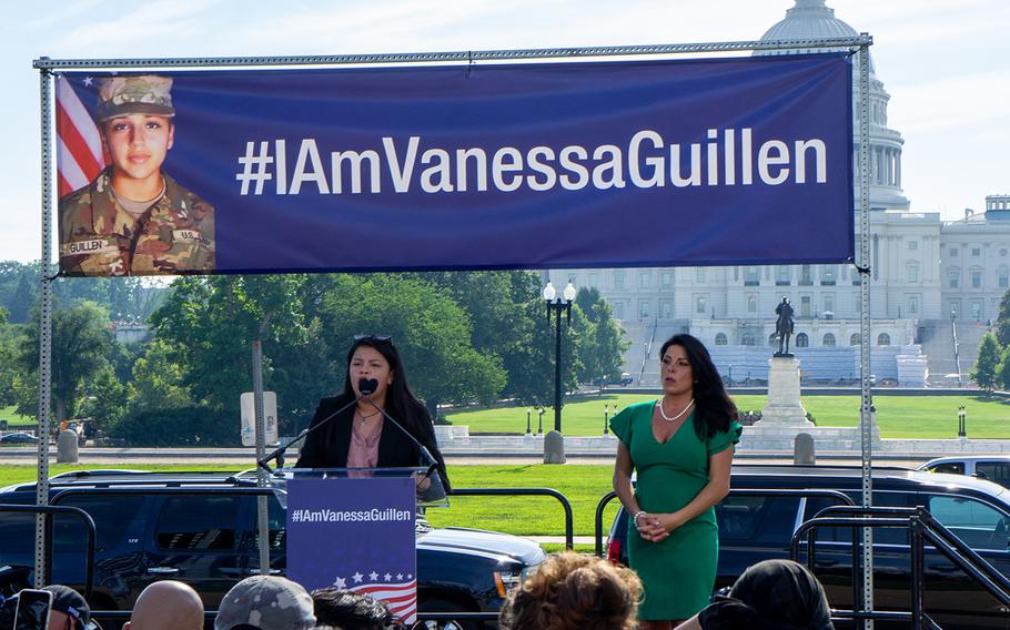 Lupe Guillen, left, speaks at a rally for her sister, slain Army Spc. Vanessa Guillen, near the Capitol in Washington on Thursday, July 30, 2020. At right is Guillen family lawyer Natalie Khawam.
