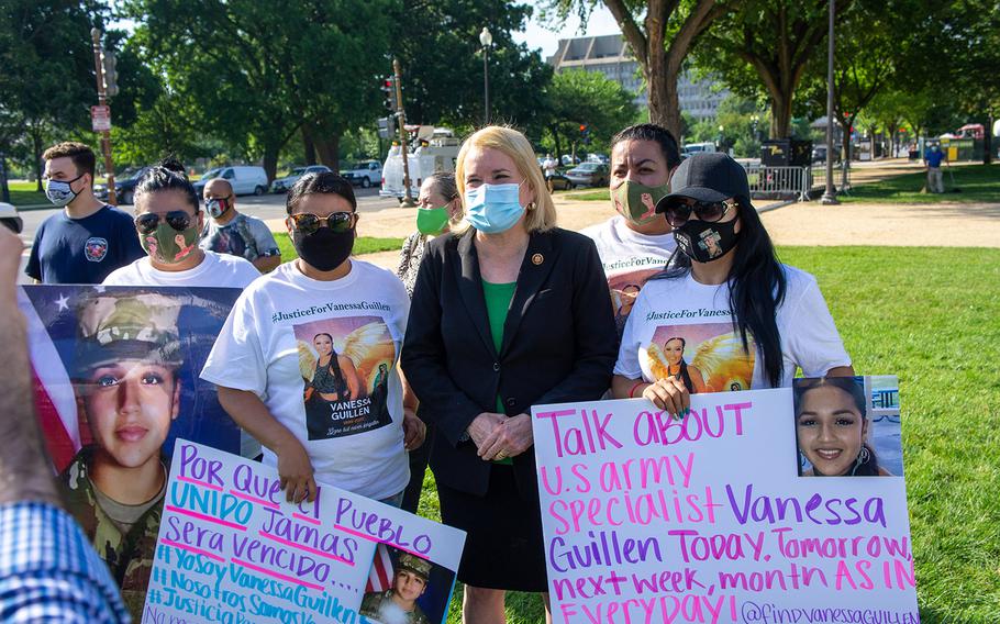 Rep. Sylvia Garcia, D-Texas, center, attends a rally for slain Army Spc. Vanessa Guillen near the Capitol in Washington on Thursday, July 30, 2020. 