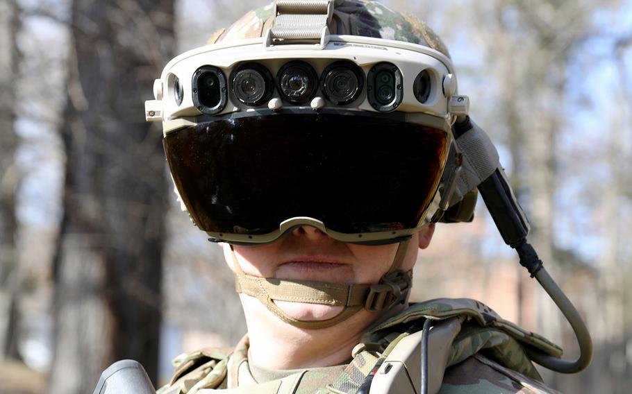 A Soldier dons the Integrated Visual Augmentation System (IVAS) Capability Set 3 (CS3) at Fort Belvoir, Va., in January 2021.