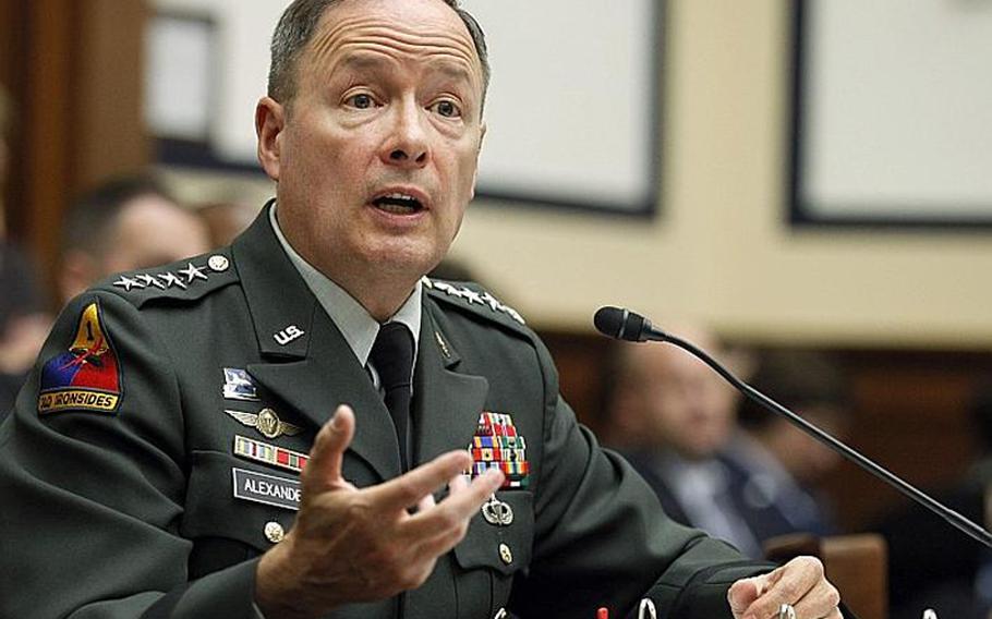 Army Gen. Keith B. Alexander, head of the U.S. Cyber Command, testifies last week on Capitol Hill before the House Armed Services Committee.