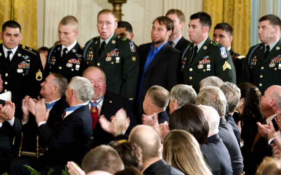 Members of Staff Sgt. Salvatore Giunta’s battle company in Afghanistan are honored during his White House Medal of Honor ceremony on Tuesday.