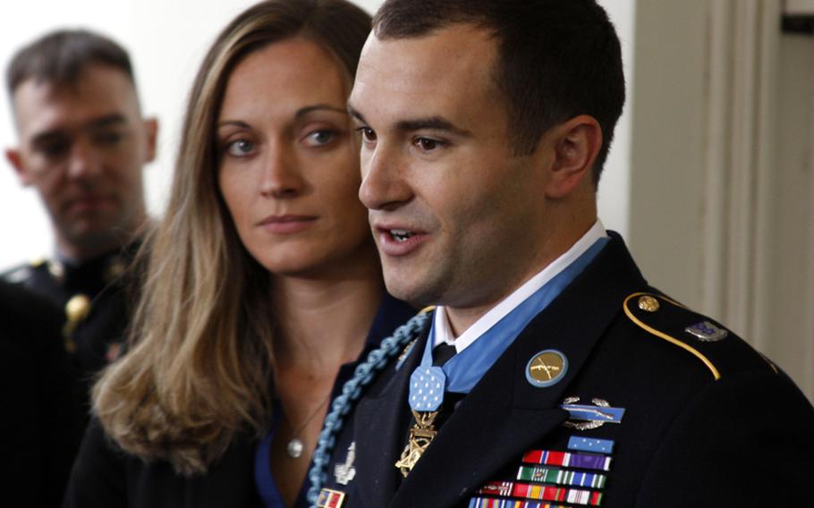 Staff Sgt. Salvatore Giunta, with his wife, Jenny, at his side, told reporters after Tuesday’s Medal of Honor ceremony that “Although I’m the one standing here, wearing this medal now, I want to make it be known that this represents all servicemembers from all branches that have been in Afghanistan since 2001, in Iraq since 2003.” 