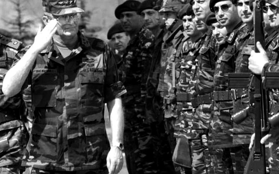 Gen. John Shalikashvili, chairman of the U.S. Joint Chiefs of Staff, inspects Turkish forces in Zenica, Bosnia, in April, 1996.