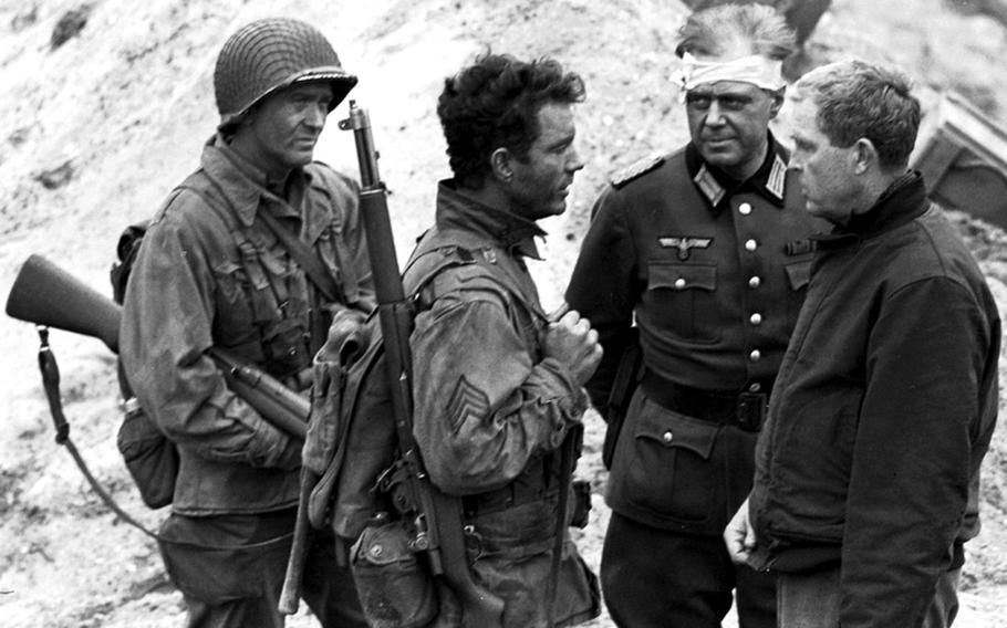 Red Buttons, left, and Cliff Robertson on the set of "Up from the Beach."