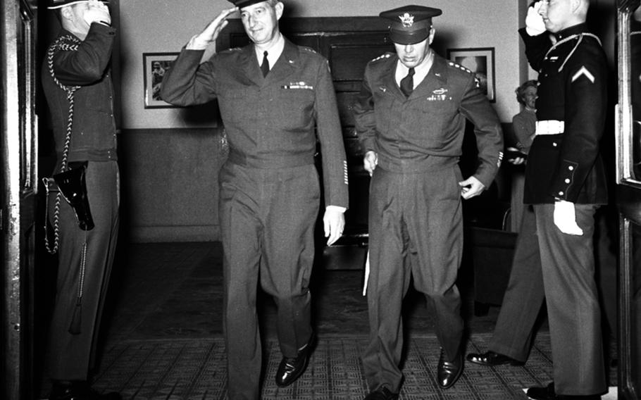Generals Mark Clark, second from left, and James Van Fleet at Pershing Heights, Japan, in February, 1953.