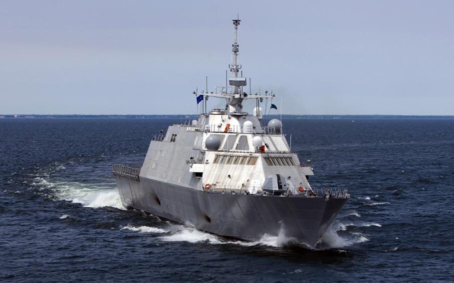 The first U.S. Navy Littoral Combat Ship, Freedom (LCS 1), during trials in July, 2008. The ship is designed for littoral, or close-to-shore, operations.