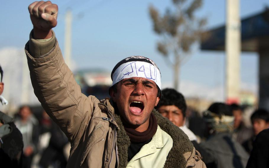 Afghan protesters shout anti-U.S slogans during a demonstration in Kabul, Afghanistan, on February 24, 2012. Protests against alleged Quran burning by U.S. troops entered the fourth day on Friday.