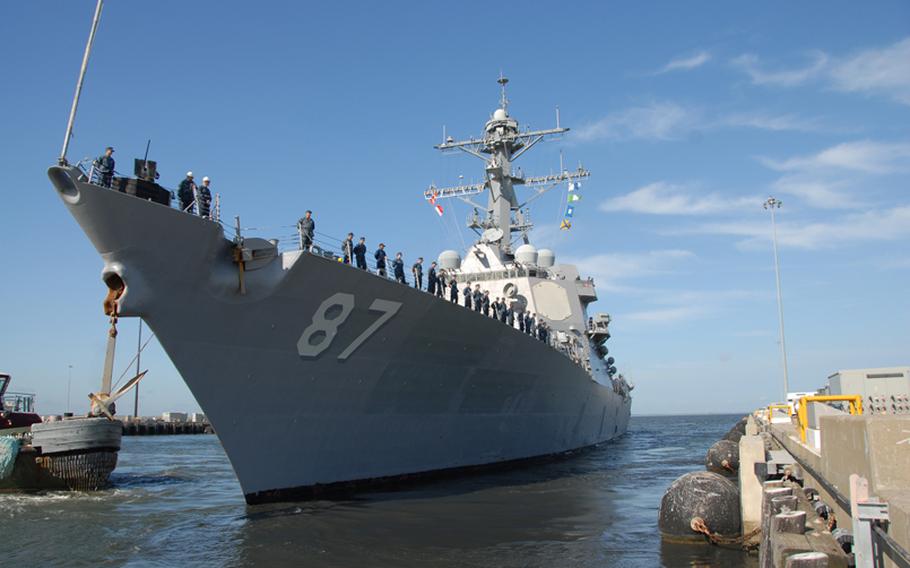 The Arleigh Burke-class guided-missile destroyer USS Mason departs Naval Station Norfolk in this 2011 photo. The Arleigh Burke-class destroyer and the Littoral Combat Ship are the primary candidates for laser weapons that the Office of Naval Research is now seeking bids for.