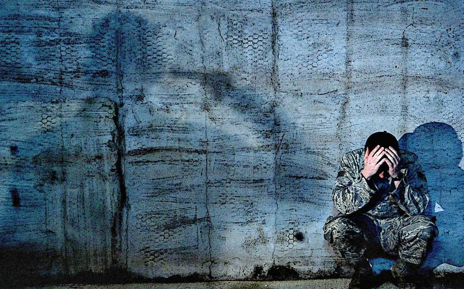 A 2009 public service poster designed to raise awareness about stress-related causes of suicide amongst U.S. servicemembers. The Veterans Crisis line can be reached at 1-800-273-8255.