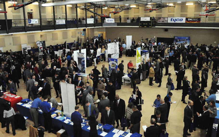 Veterans and their family members attend a job fair at Naval Support Activity Bethesda, Md.
