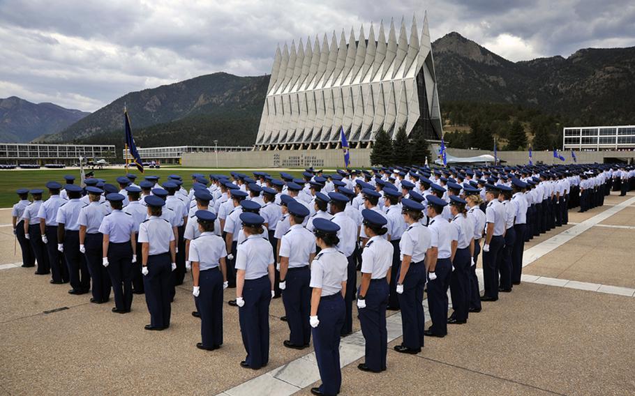 The U.S. Air Force Academy cadet wing lines the terrazzo in Colorado Springs, Colo., Sept 11, 2012.