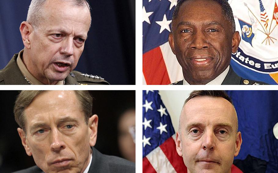 Clockwise from top left: Gen. John Allen, Gen. William Ward, Brig. Gen. Jeffrey Sinclair and ex-CIA Director David Petraeus.