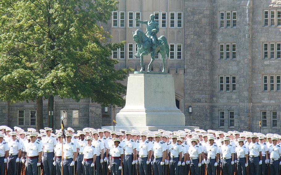 Cadets prepare around Washington Statue for the Acceptance Day Parade at West Point, N.Y., on Aug. 23, 2008.