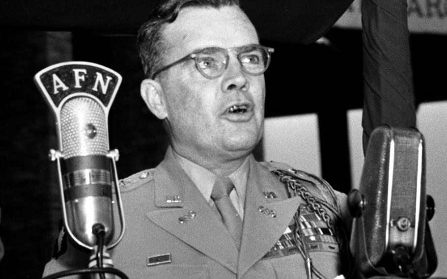 Gen. Anthony McAuliffe speaks at the Bastogne memorial dedication ceremony in July, 1950.