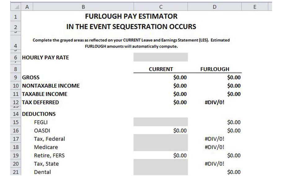 A screenshot of a furlough pay calculator for federal workers released by Yokosuka Naval Base.