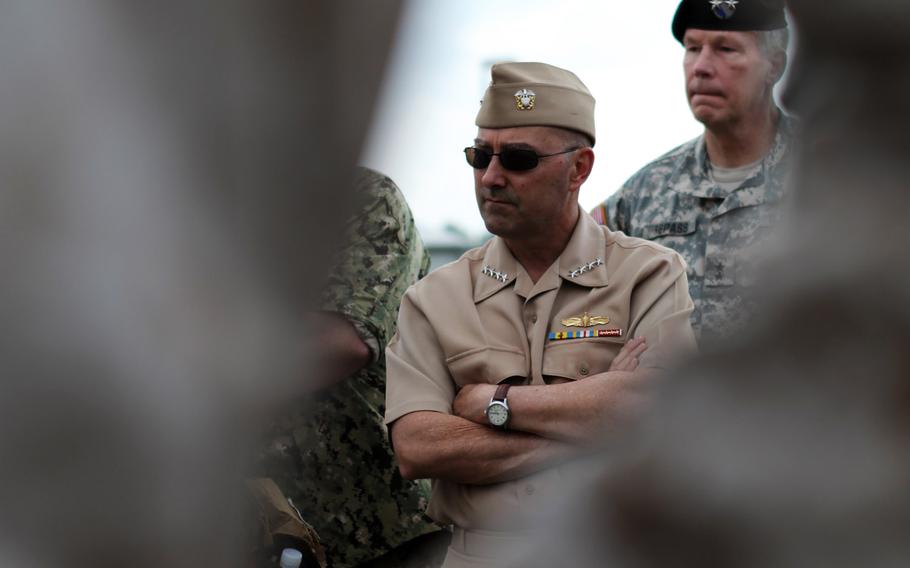 Adm. James G. Stavridis listens to an after action review during a Kosovo Forces training exercise at the Joint Multinational Readiness Center, Hohenfels, Germany, Aug. 22, 2012.
