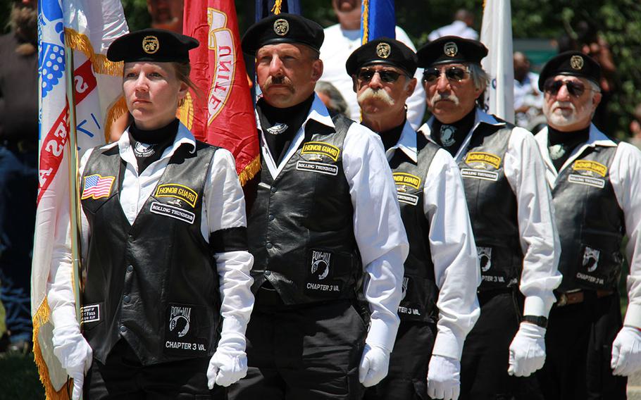 Chapter 3 VA Rolling Thunder Honor Guard prepare to march towards the center stage at the Rolling Thunder demonstration on May 26, 2013.
