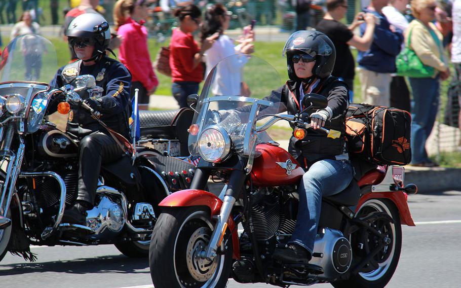 XXVI Rolling Thunder demonstrators ride across the Memorial Bridge in Washington DC on May 26, 2013.