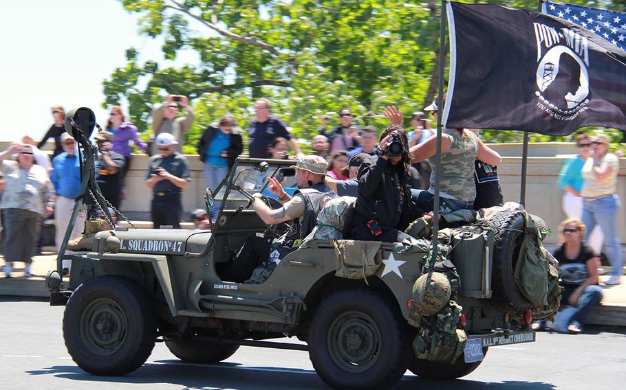 XXVI Rolling Thunder demonstrators ride across the Memorial Bridge in Washington DC on May 26, 2013.