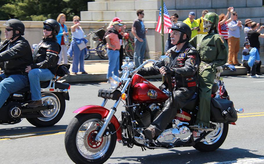 XXVI Rolling Thunder demonstrators ride across the Memorial Bridge in Washington DC on May 26, 2013.