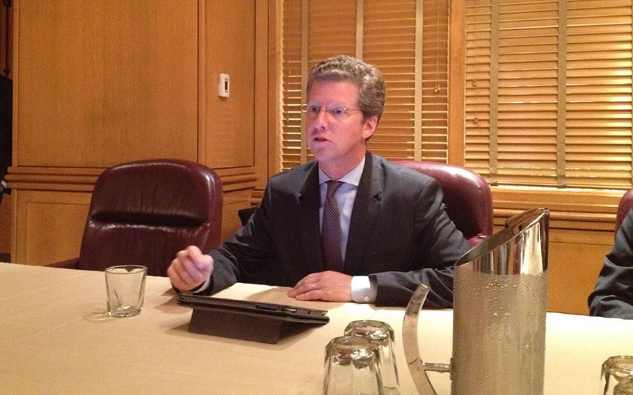 Housing and Urban Development Secretary Shaun Donovan speaks to members of the media during the National Coalition for Homeless Veterans conference on Wednesday. 