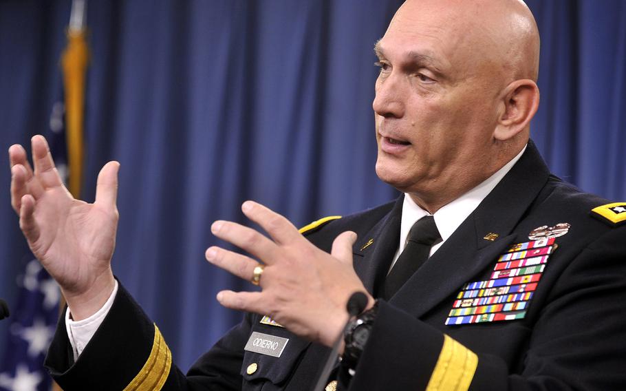 Chief of Staff of the Army Gen. Raymond T. Odierno addresses the media in the Pentagon Press Briefing Room May 15, 2012. Odierno discussed future changes in the structure and size of the Army including the expansion of the roles of women in combat forces. (DoD Photo By Glenn Fawcett)(Released)