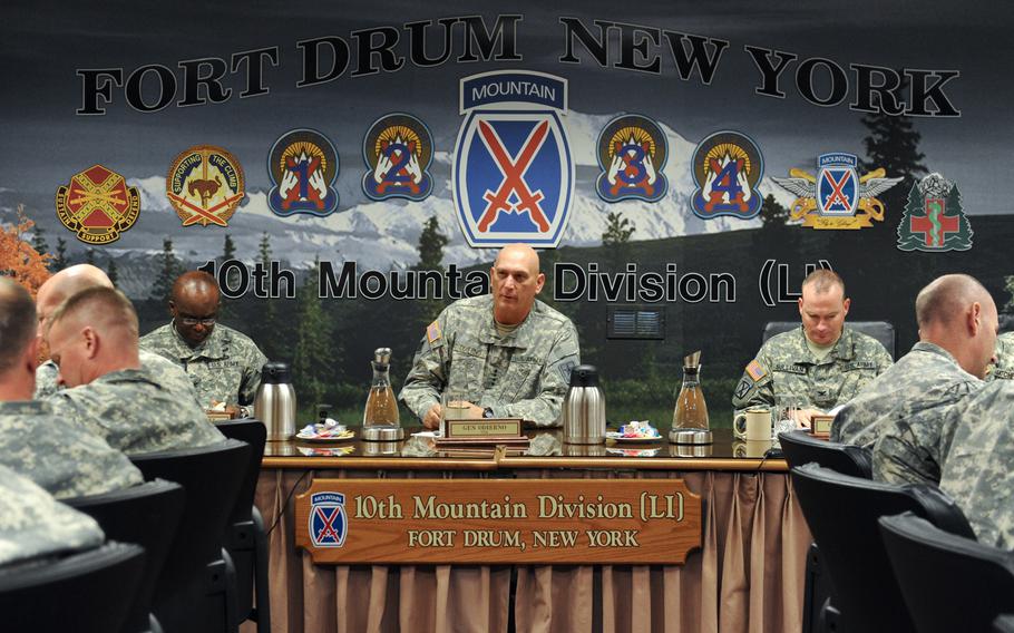 U.S. Army Gen. Raymond T. Odierno, Chief of Staff of the Army, meets with battalion and brigade commanders from the 10th Mountain Division during his visit to Fort Drum, N.Y. in this Oct. 2011 photo. Odierno said June 25, 2013 that 10 BCTs would be cut from 10 Army installations, including one at Fort Drum.
