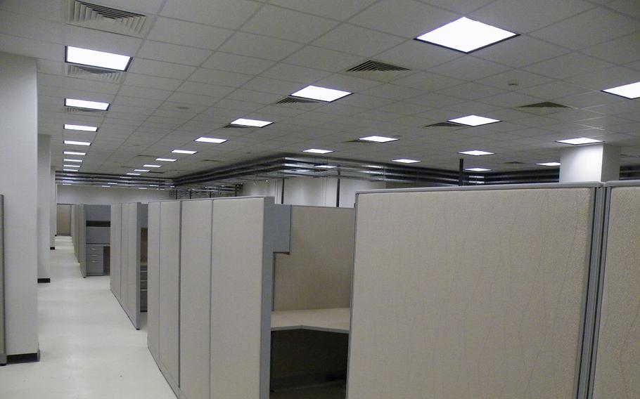 Cubicles at the Regional Command-Southwest Command and Control Facility, a 64,000-square-foot structure built under a $34 million contract to serve as a command headquarters at Camp Leatherneck in Helmand, Afghanistan, despite the objections of senior officers.