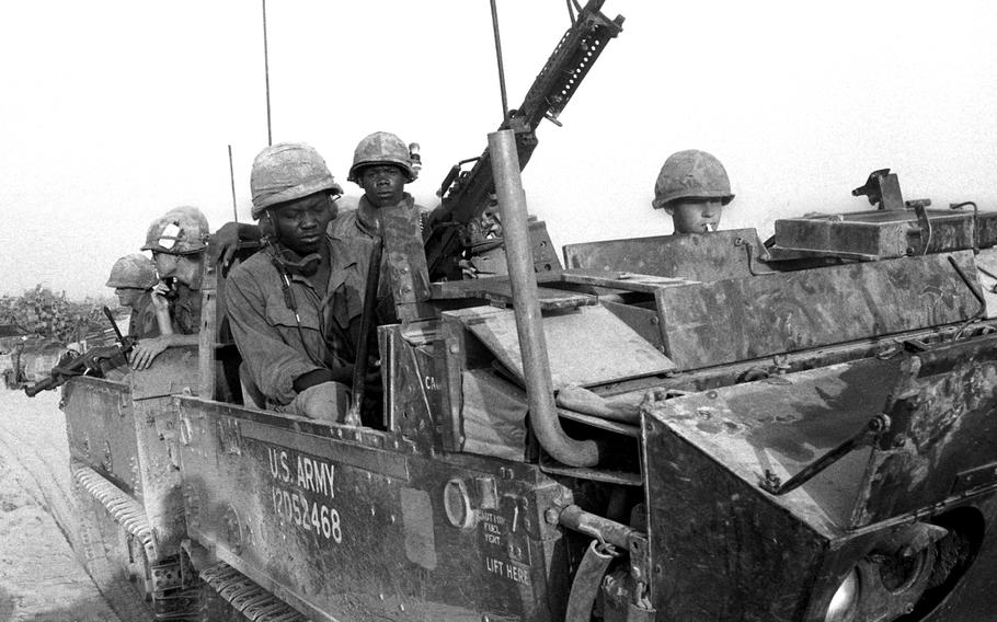 American troops on the move near the Cambodian border in April, 1969.