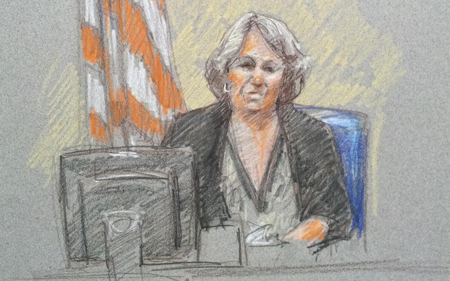 Jerri Krueger, the mother of Sgt. Amy Kreuger, testifies Aug. 27, 2013, as the prosecution wrapped up its case during the sentencing phase in the murder trial of Maj. Nidal Malik Hasan. Sgt. Krueger was killed in the Nov. 5, 2009, shooting attack at Fort Hood, Texas.