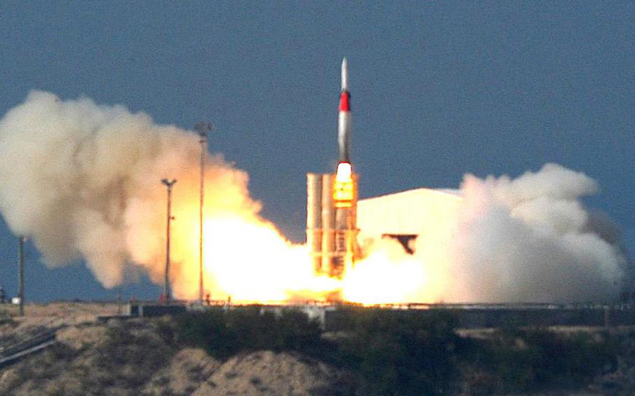 This file photo, taken on Friday Dec. 2, 2005, released by Israel Aircraft Industries Ltd., shows an Arrow missile being launched at an undisclosed location in Israel. Israel and the U.S. conducted a joint missile test over the Mediterranean on Tuesday, Sept. 3, 2013.