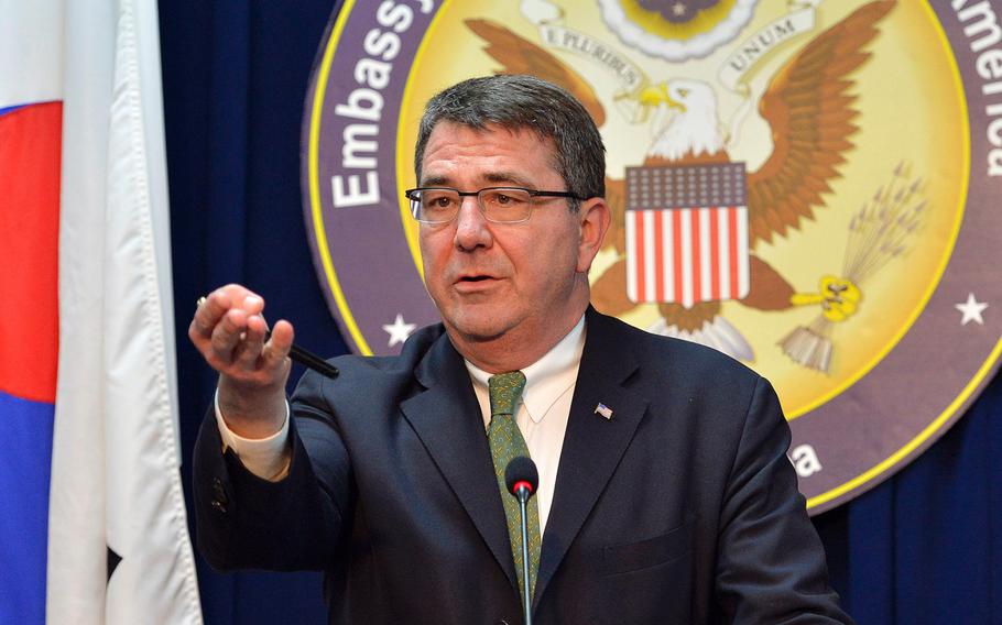 Deputy Secretary of Defense Ashton B. Carter holds a press conference with local media at the U.S. Embassy in Seoul, South Korea, on March 18, 2013.
